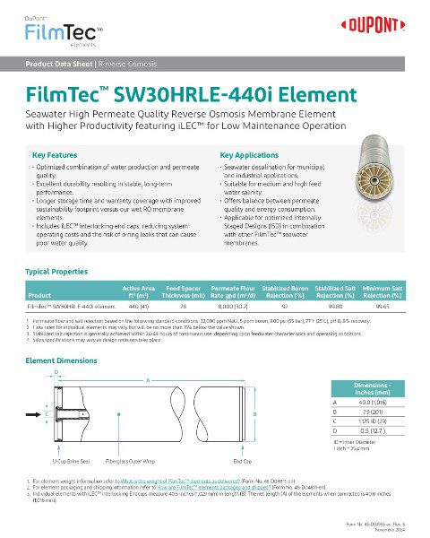 FilmTec SW30HRLE-440i RO Membrane Data Sheet