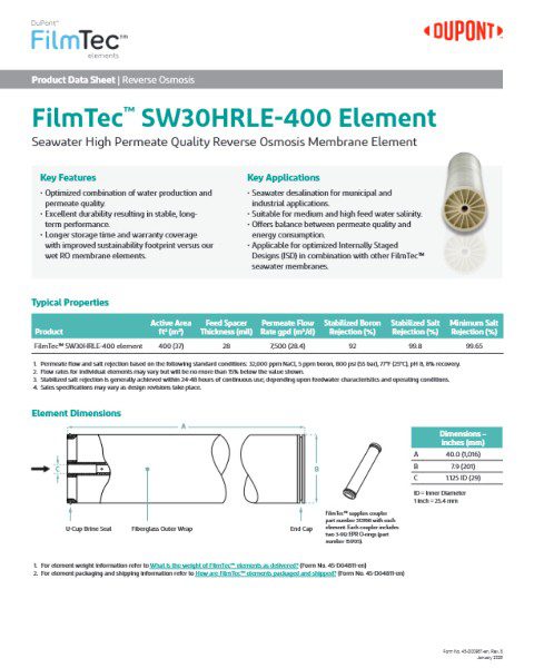 FilmTec SW30HRLE-400 RO Membrane Spec 1