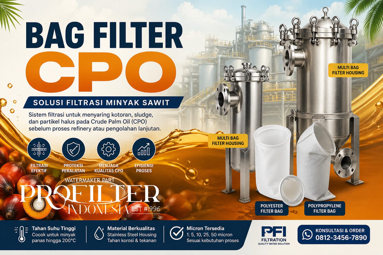 Bag Filter CPO, Filter Minyak Sawit Industrial, Housing & Filter Bag CPO